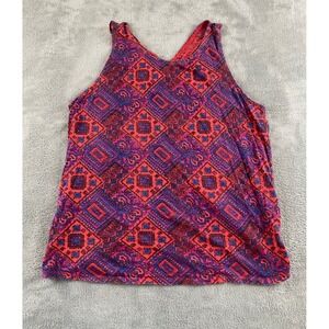 Lucky Lotus Womens Red Purple Geometric Print Crossover Tulip Back Tank Top L